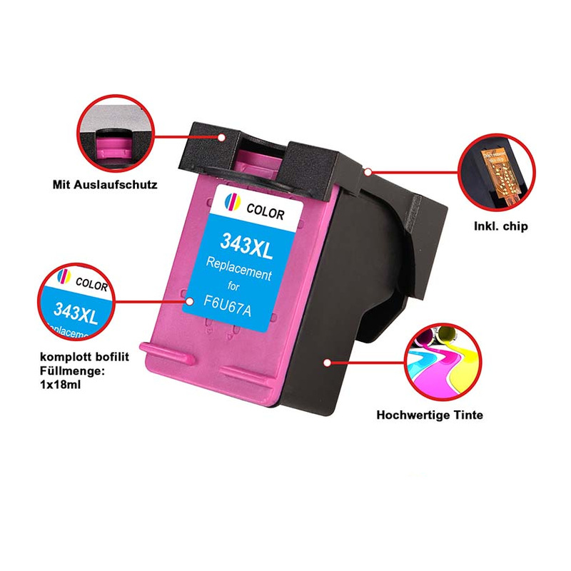 Plutoos 343XL Tri-Colour (CMY) Tintenpatrone – kompatibel mit HP, 18 ml für DeskJet 460, 5740, 5940, 6520, 6540, 6620, 6840, 6940, 9800, ~500 Seiten