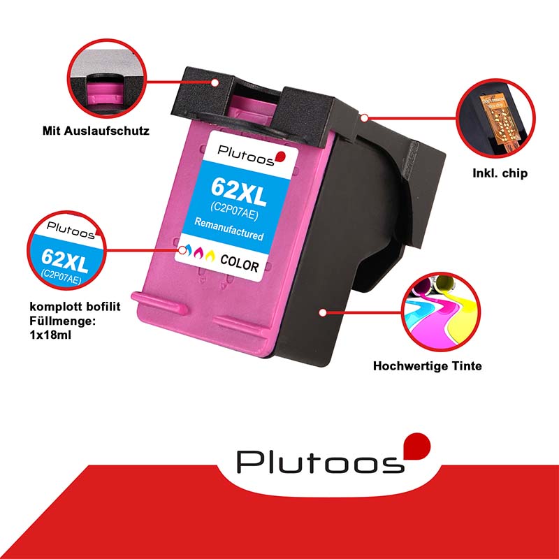 Plutoos 62XL Tri-Color Tintenpatrone mit Chip Kompatibel mit HP 62 18 ml für Envy 5540 5640 OfficeJet 5740