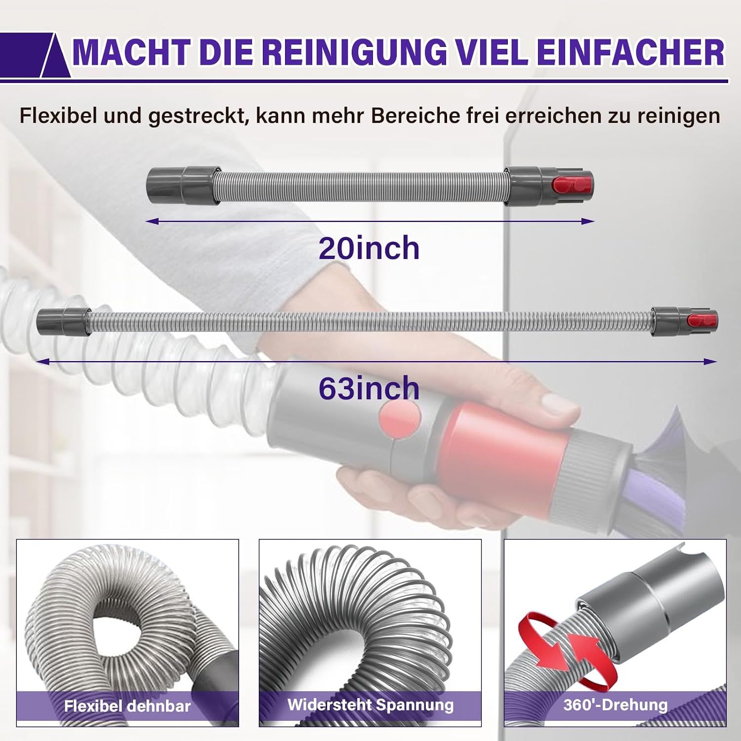 Plutoos 2-teiliges Set für Dyson V7 V8 V10 V11 V15 – rückstandsfreie Softbürste & flexibler Schlauch bis 150 cm