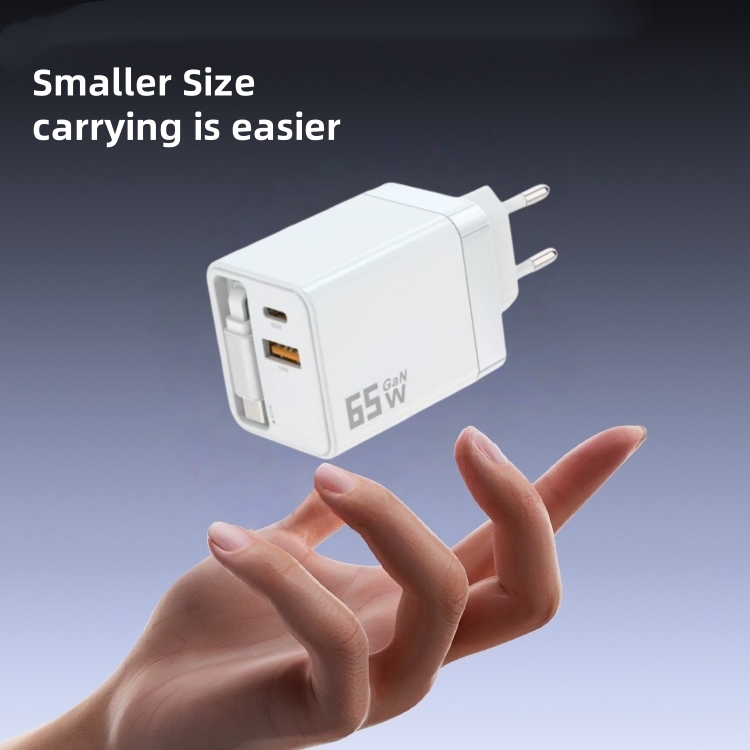 Plutoos USB-C Schnellladegerät 65W PD QC3.0 mit einziehbarem Kabel + USB-A Weiss