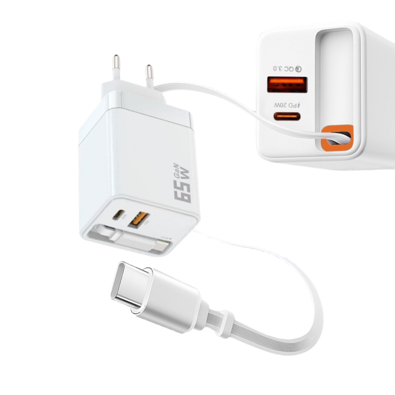 Plutoos USB-C Schnellladegerät 65W PD QC3.0 mit einziehbarem Kabel + USB-A Weiss