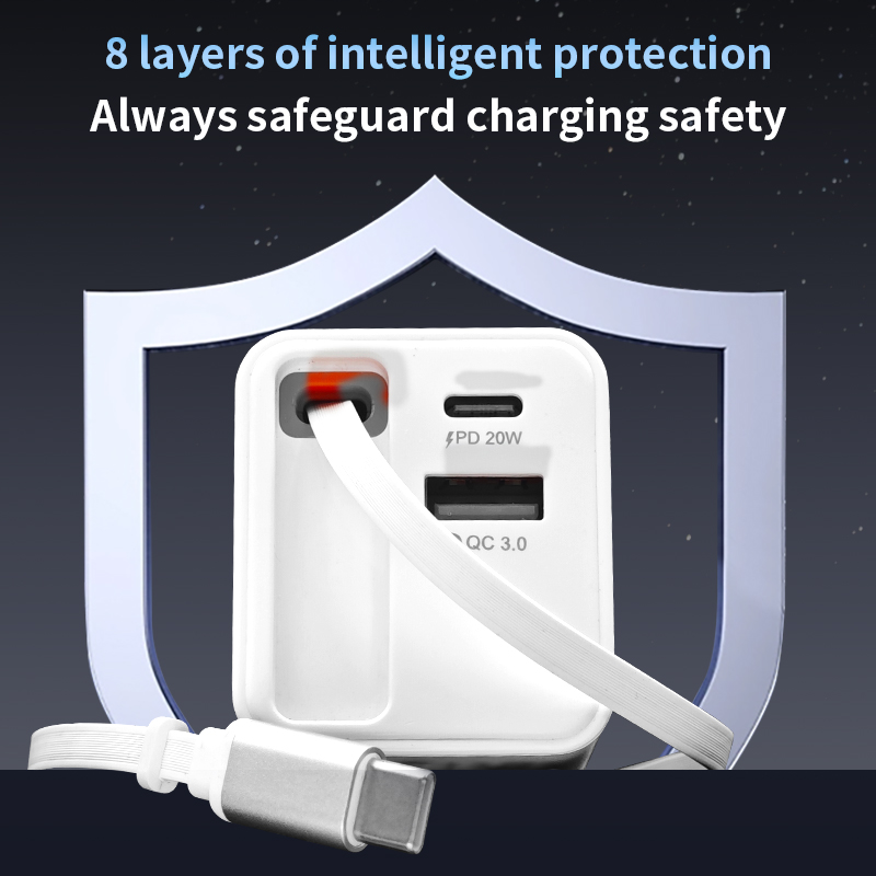 Plutoos USB-C Schnellladegerät 65W PD QC3.0 mit einziehbarem Kabel + USB-A Weiss