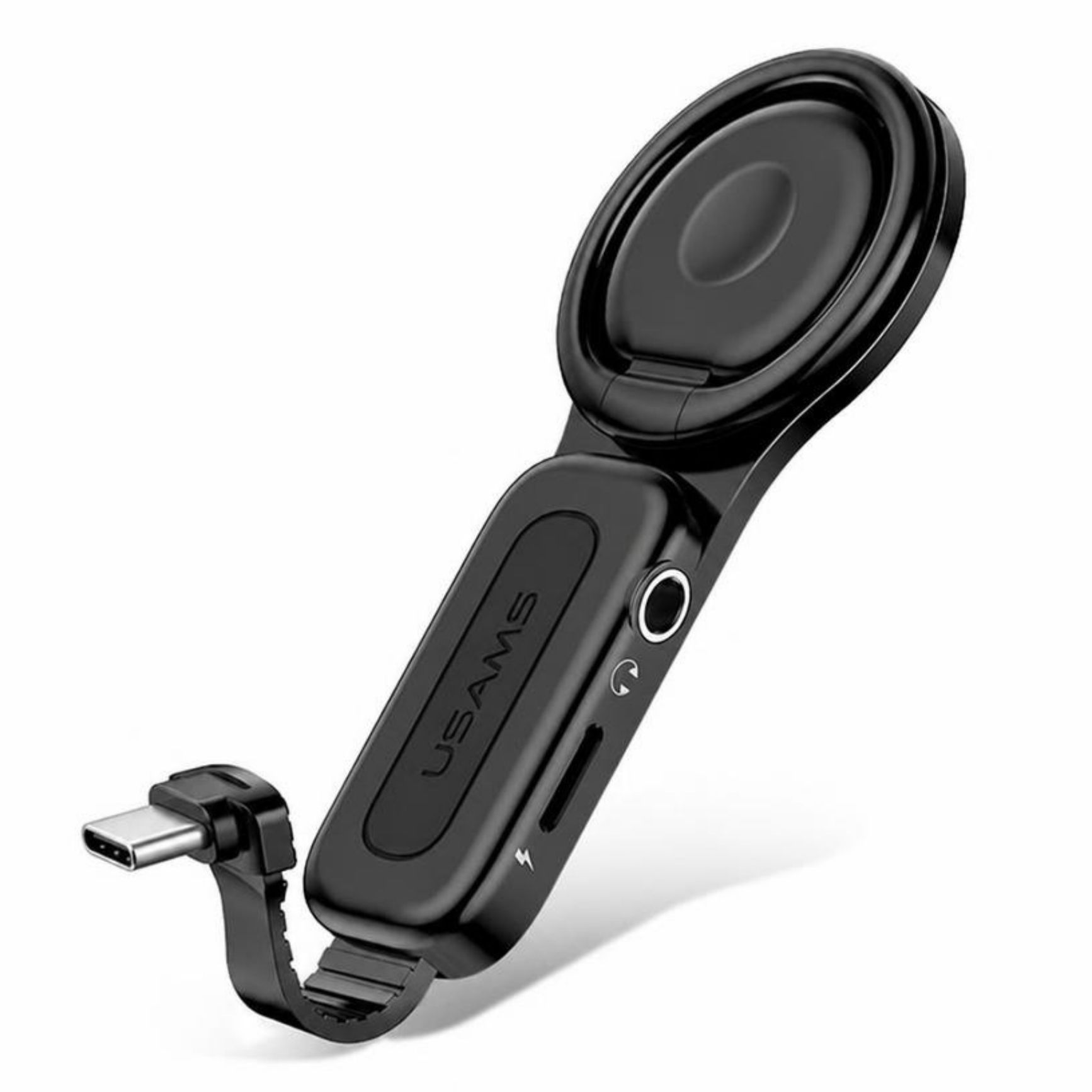 Plutoos USB-C Adapter mit 3,5 mm Klinke, USB-C-Lade-Passthrough und Fingerring — schwarz, 22 g
