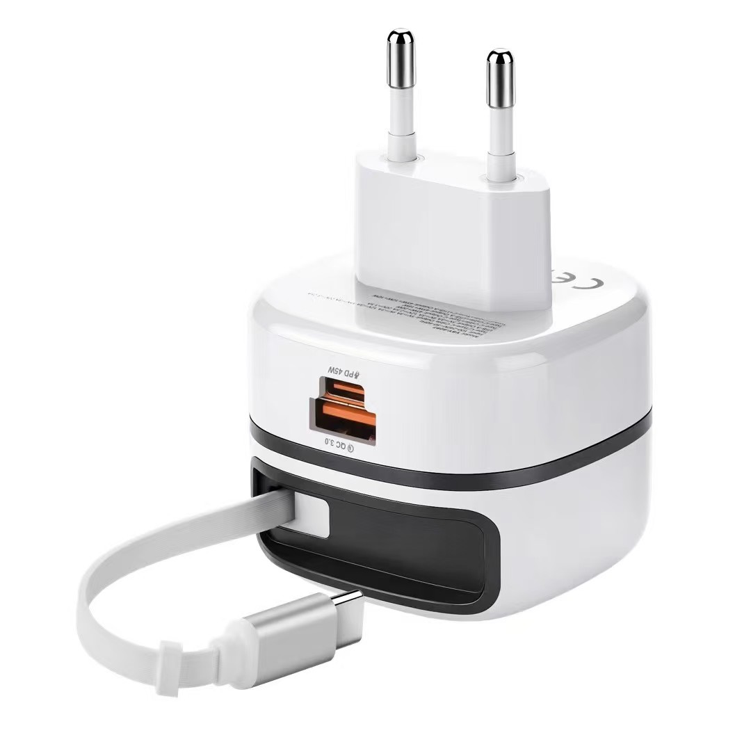 Plutoos USB-C Schnellladegerät 65W PD mit integriertem Ladekabel Weiss